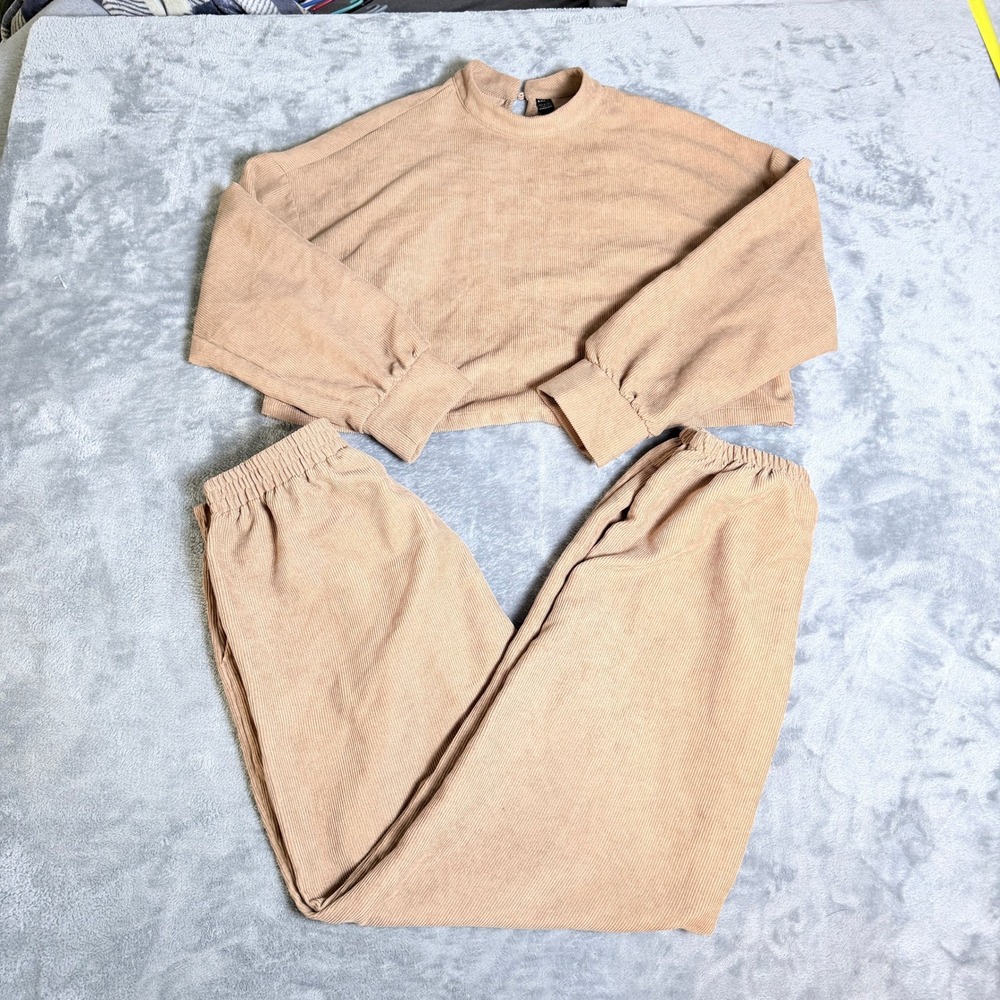 SHEIN Tan Corduroy SZ Large 2 Piece Set Crop Mock Neck Joggers Loungewear